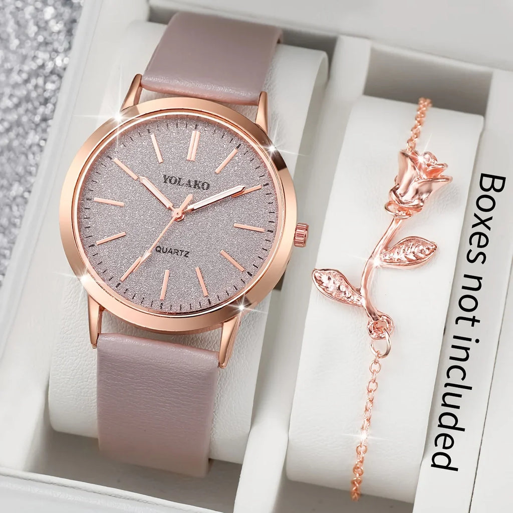 2PCS/Set Women's Watch Shiny Fashion PU Leather Analog Quartz Watches Rose Flower Bracelet Vera Lux