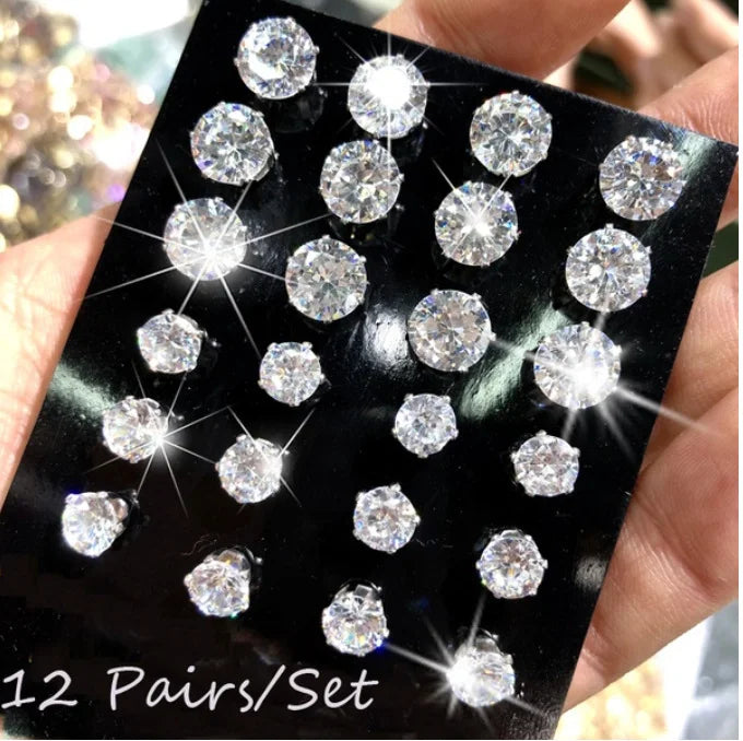 12 Pcs Zircon Earrings Set Briliant Shiny Stud Earrings for Women Simple Pearl Irregular Trendy Jewerly Accessories 2024 New Vera Lux