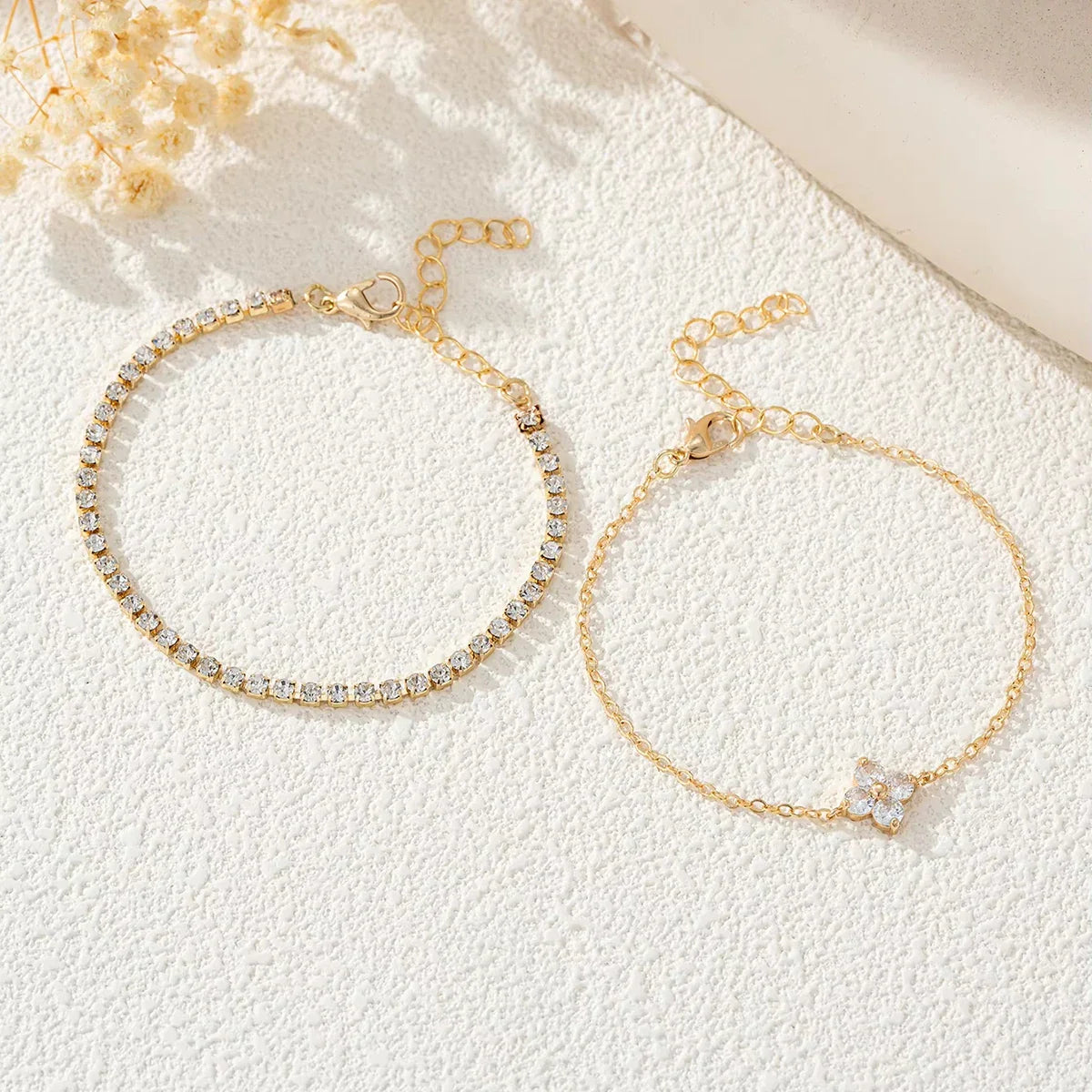 2pcs Simple Cubic Zirconia Flower Water Chain Women's Bracelet Set Daily Minimalist Silver Color Bracelet Party Fashion Jewelry Vera Lux
