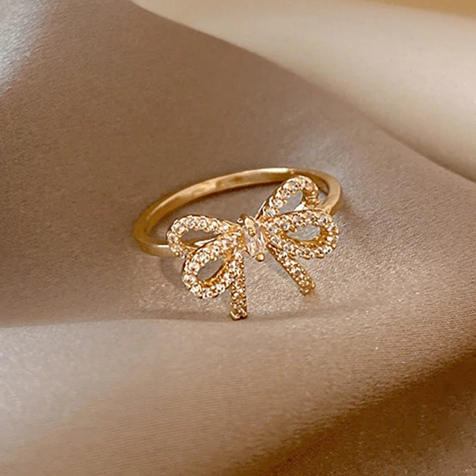 Yupsk Korean Fashion Micropaved Crystal Zirconia Bow Ring for Women Girls Exquisite Ins Trendy Minimalist Finger Rings Jewelry Vera Lux