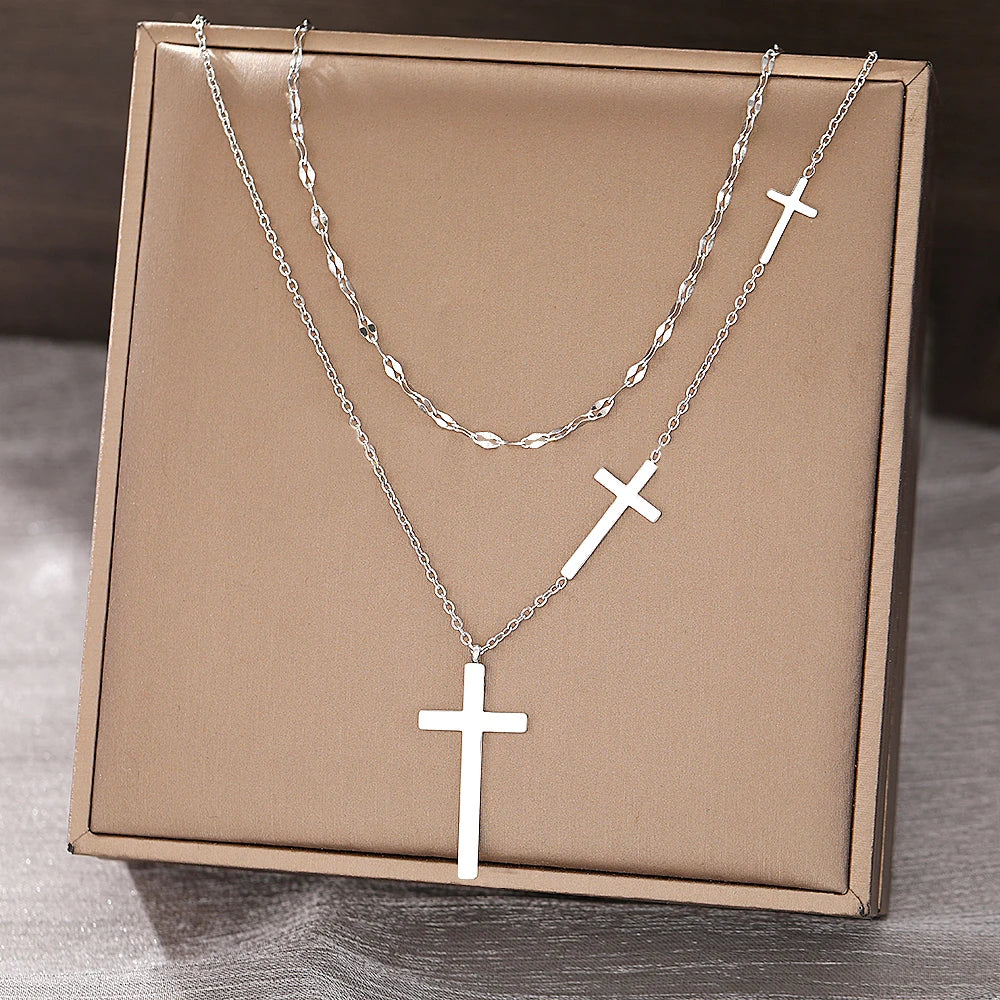 DOTIFI Stainless Steel Necklaces Cross Pendant Choker Double Stacked Wear Light Luxury Fine Necklace For Women Jewelry Vera Lux