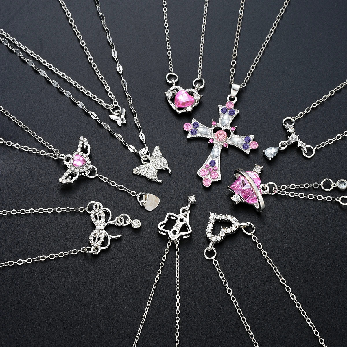 9 Pcs Women's Elegant Zircon Pendants Necklace Set Fashion Pink Color Cross Butterfly Heart Bowknot Necklaces Party Jewelry Gift Vera Lux