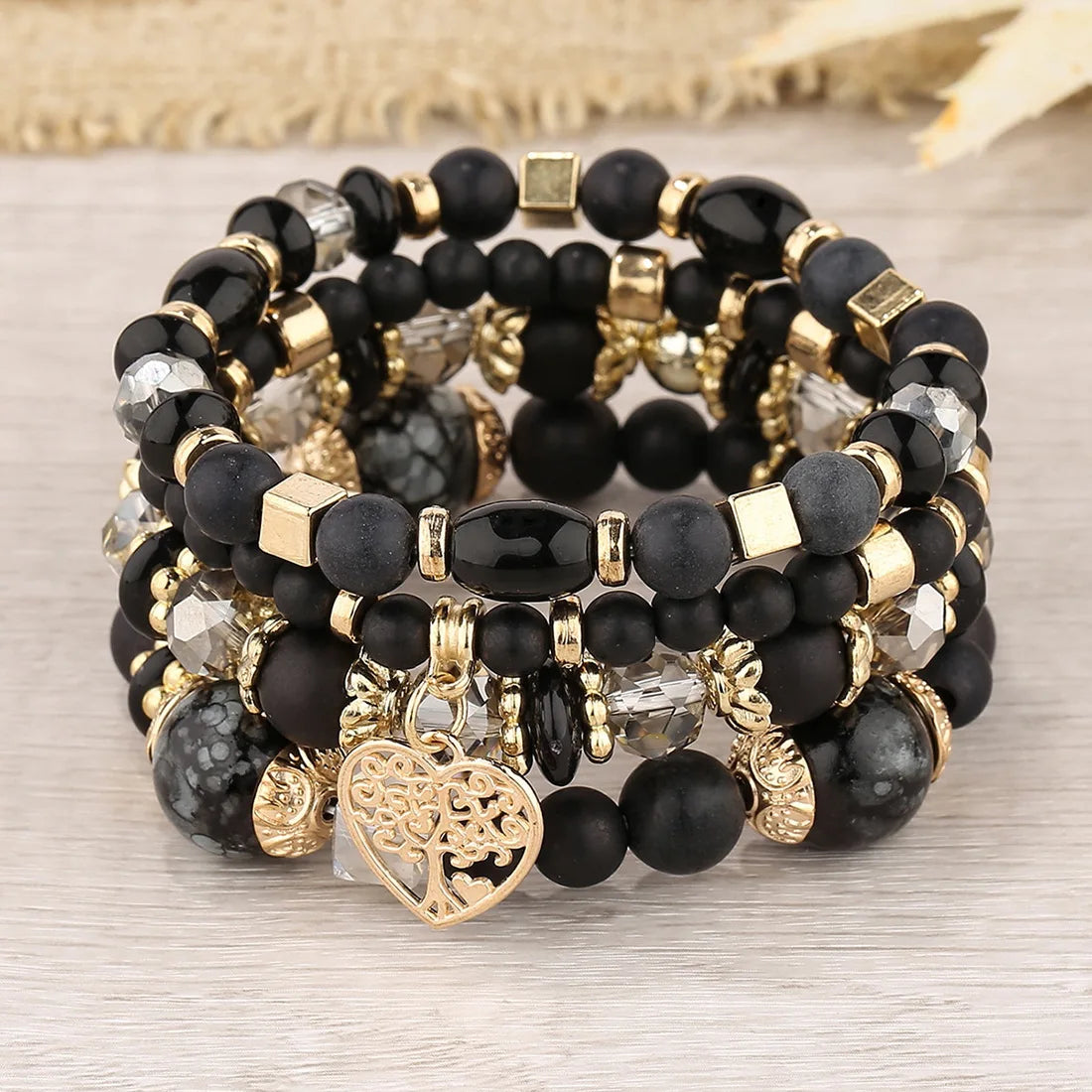 4Pcs Tree of Life Heart Bracelet Set For Women Acrylic Glass Beads Chain Elastic Bangle Female Fashion Party Jewelry Vera Lux