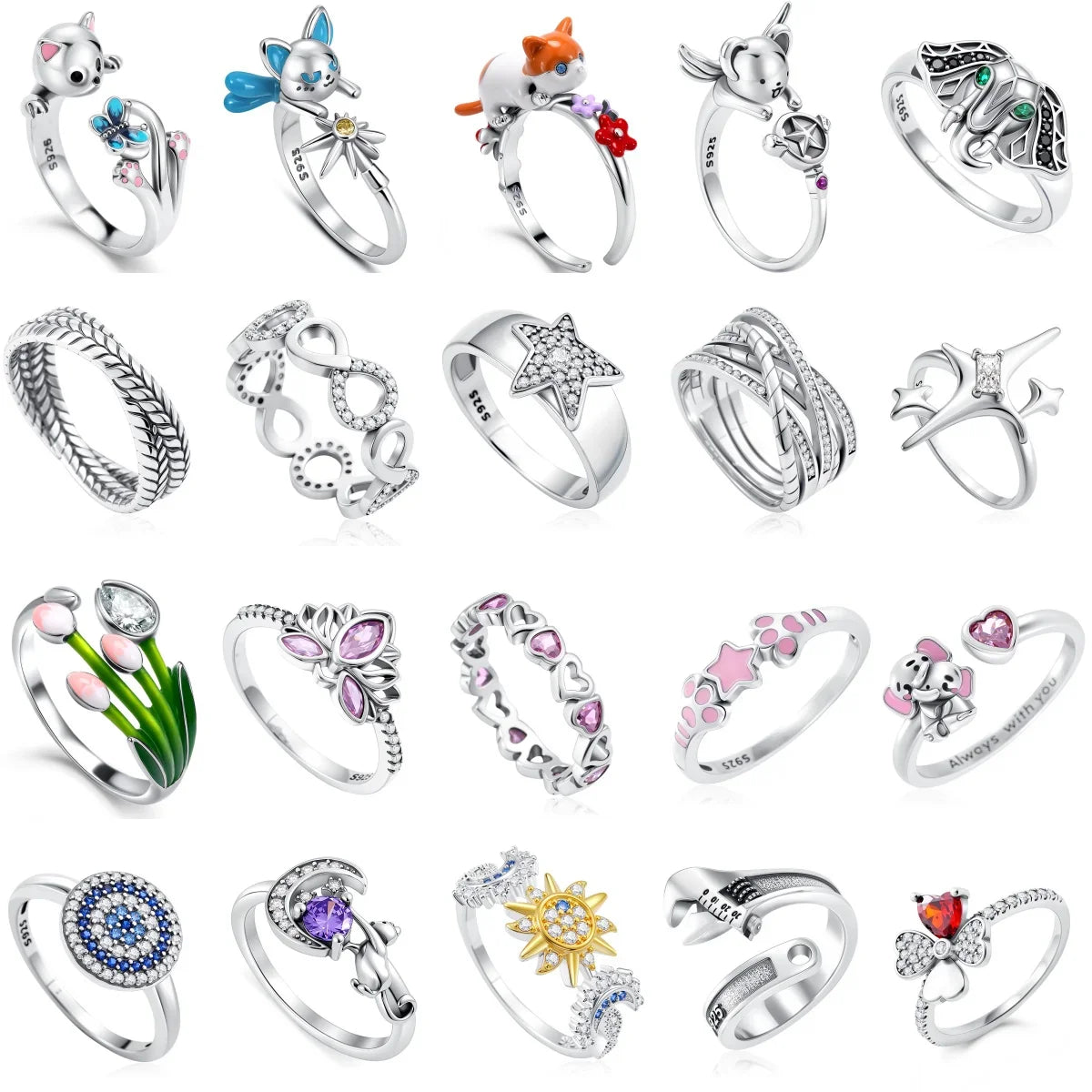 2026 Hot Selling 925 Silver Cute Puppy Flower Elephant Clover Ring Suitable for Wedding Rings, Jewelry Gifts Vera Lux