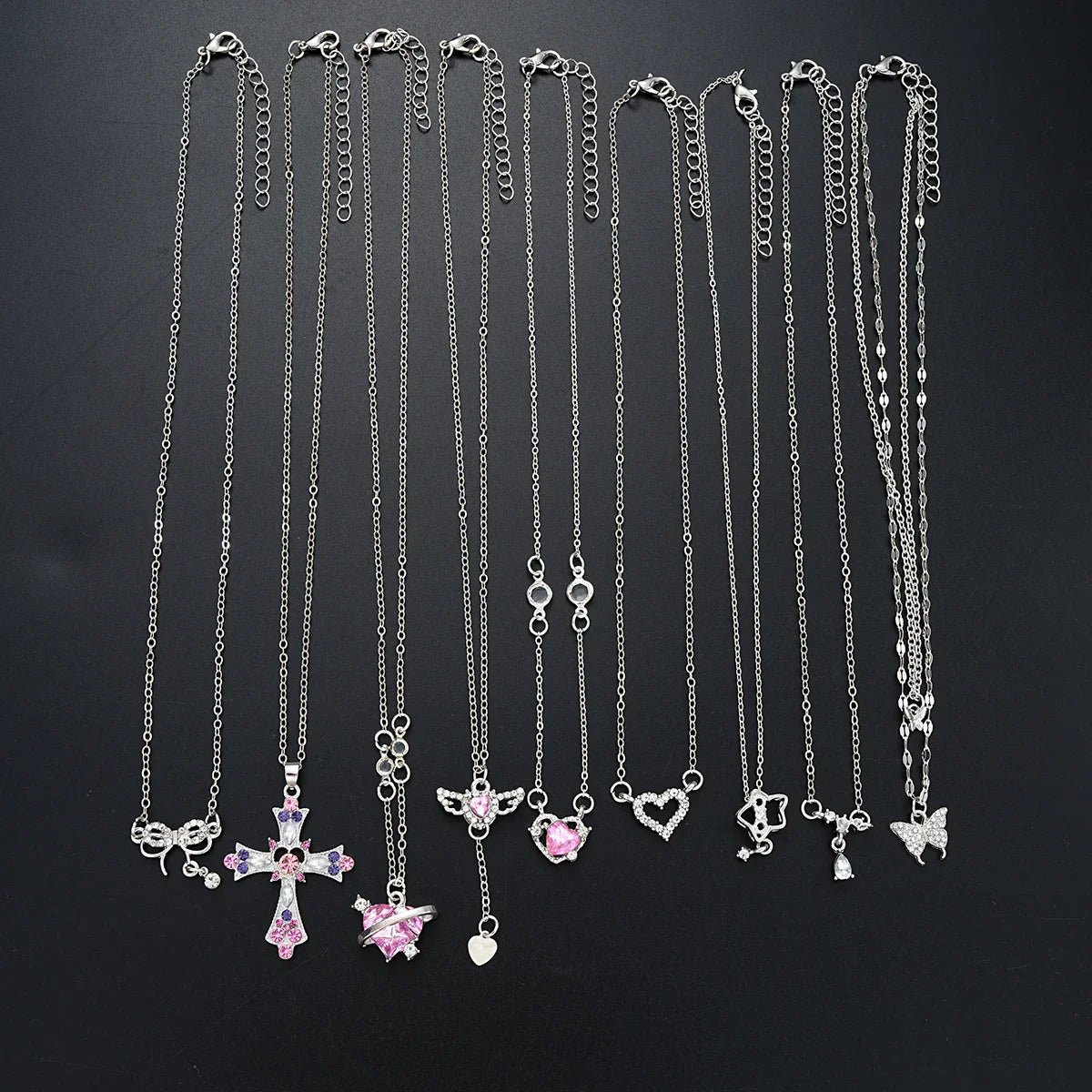 9 Pcs Women's Elegant Zircon Pendants Necklace Set Fashion Pink Color Cross Butterfly Heart Bowknot Necklaces Party Jewelry Gift Vera Lux