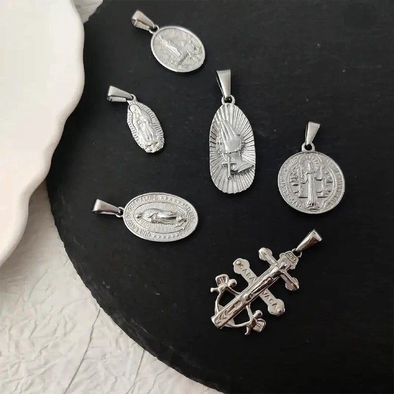 Virgin Mary Saint Michael Cross Prayer Pendant Necklace Gold Stainless Steel Religious Pendants Catholic Women/Men Jewelry Vera Lux