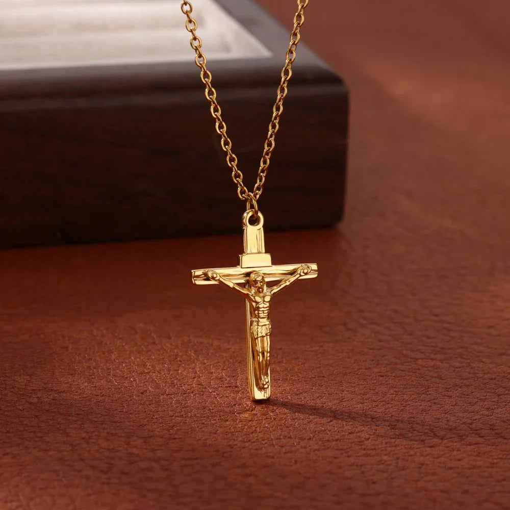 Stainless Steel Jesus Cross Necklace For Women Men Gold Color Caravaca Angels Crucifix Charm Choker Rapper Jewelry Hip Hop Gift Vera Lux