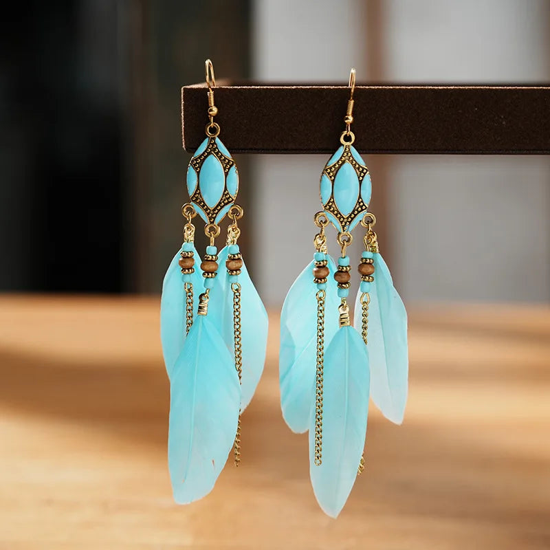 New Ethnic Long Feather Dangle Earrings For Women Bohemian Tassel Beads Handmade Enamel Earrings Girl Bride Wedding Jewelry Vera Lux