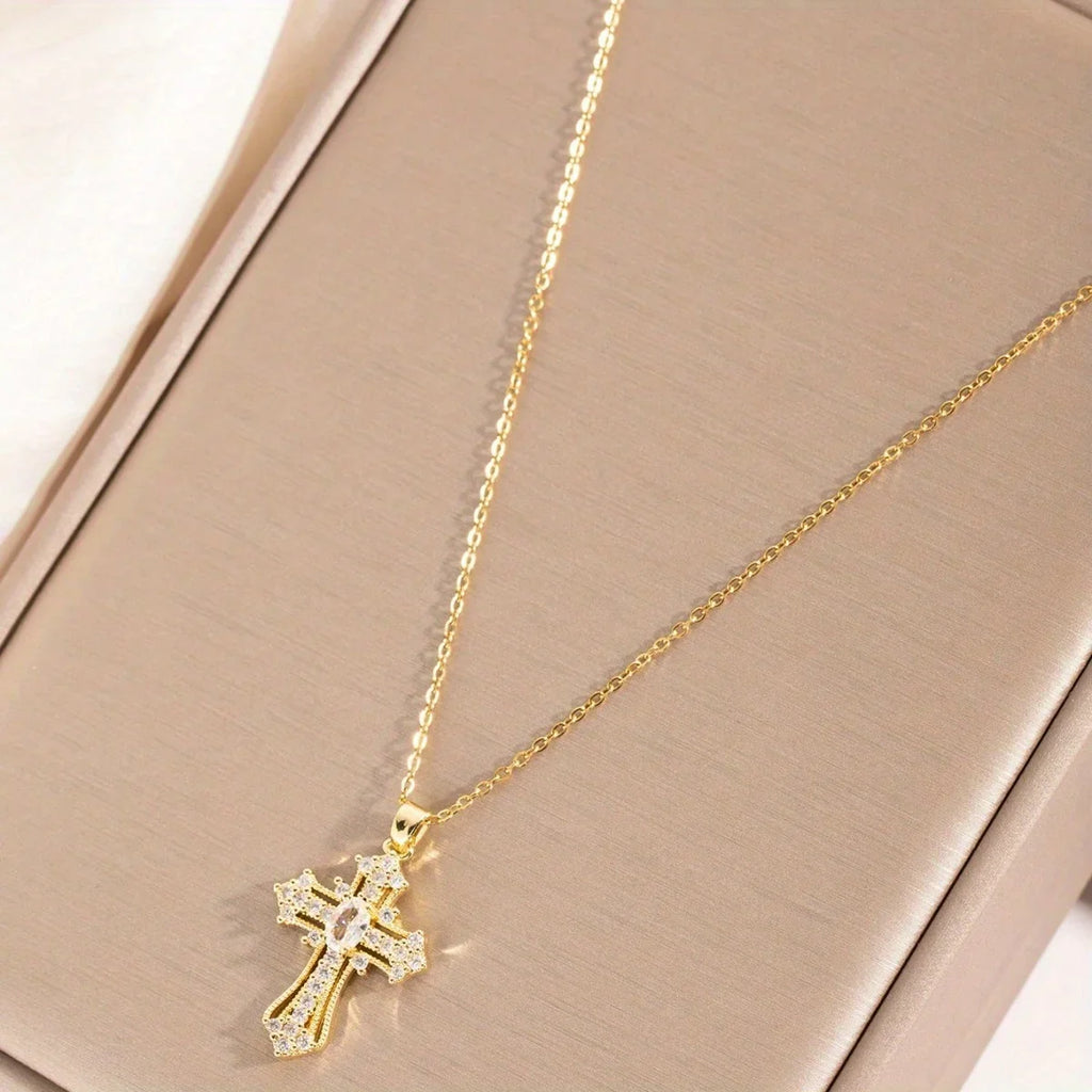 1Pcs Cross Necklace Pendant Religious Blessing Stainless Steel Sturdy Gold Necklace Water Diamond Inlay Trendy Fashion Vera Lux