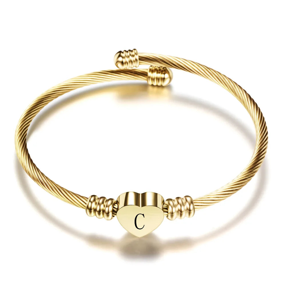 Initial Letter Stainless Steel Cuff Bracelet For Women 26 Alphabet Heart Charm Bangle Female Fashion Birthday Party Jewelry Vera Lux