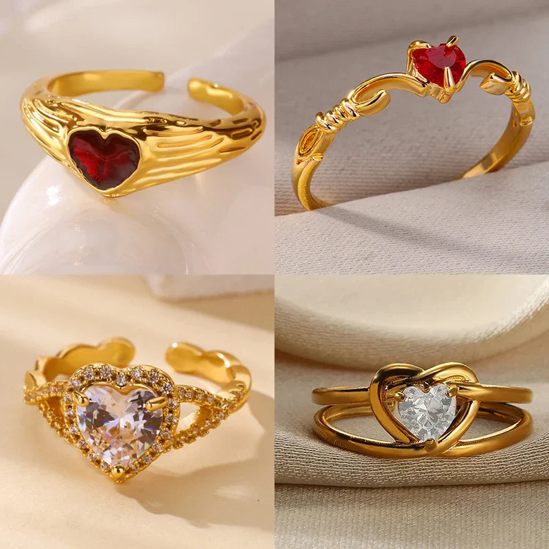 Punk Red Zircon Heart Rings for Women Stainless Steel Gold Color Cheap Open Ring 2025 New Fashion Wedding Couple Jewelry Gift Vera Lux