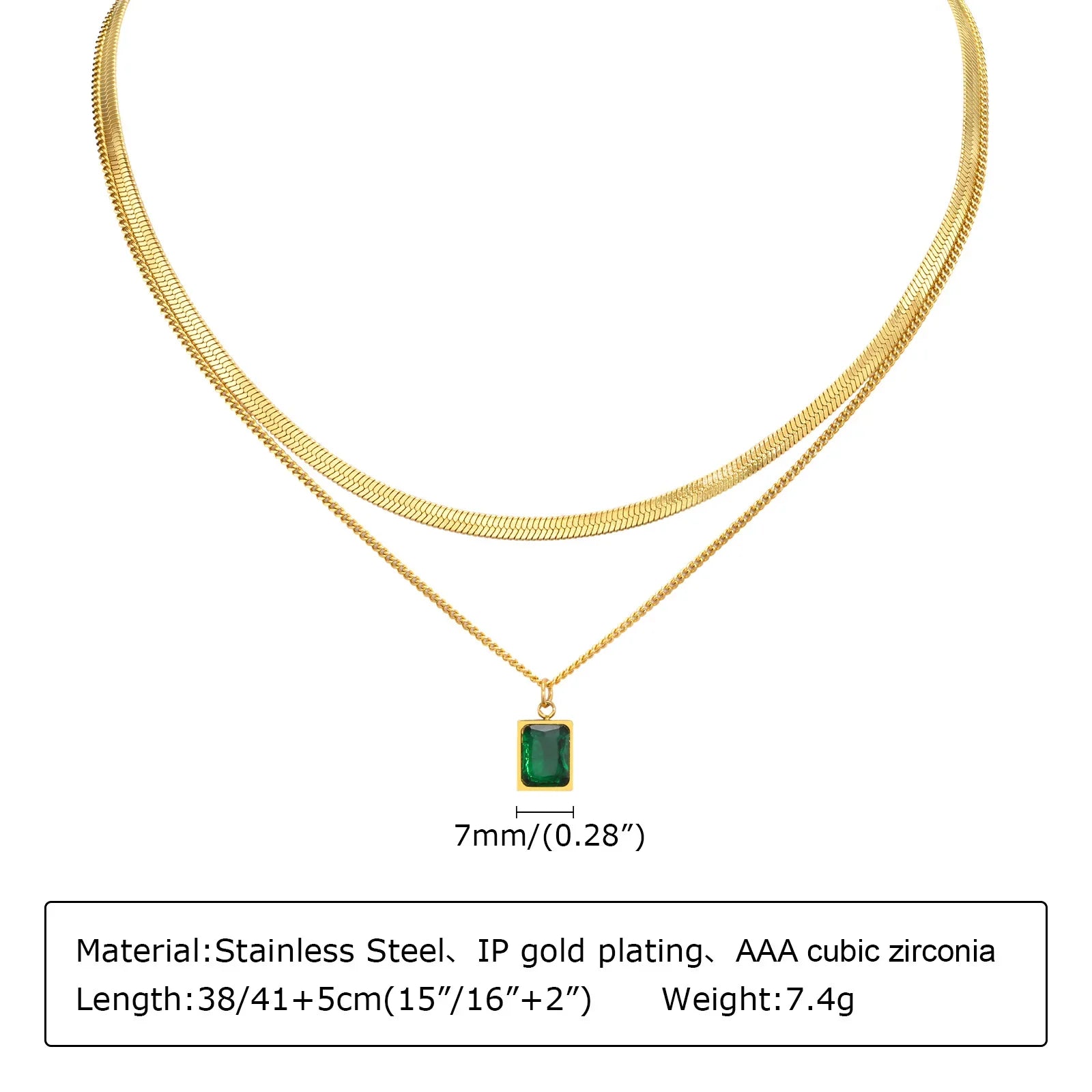 Retro Green Zircon Pendant Necklace For Women, Crystal Stone Chain Stainless Steel Gold Plated Luxury Birthday Gifts Vera Lux