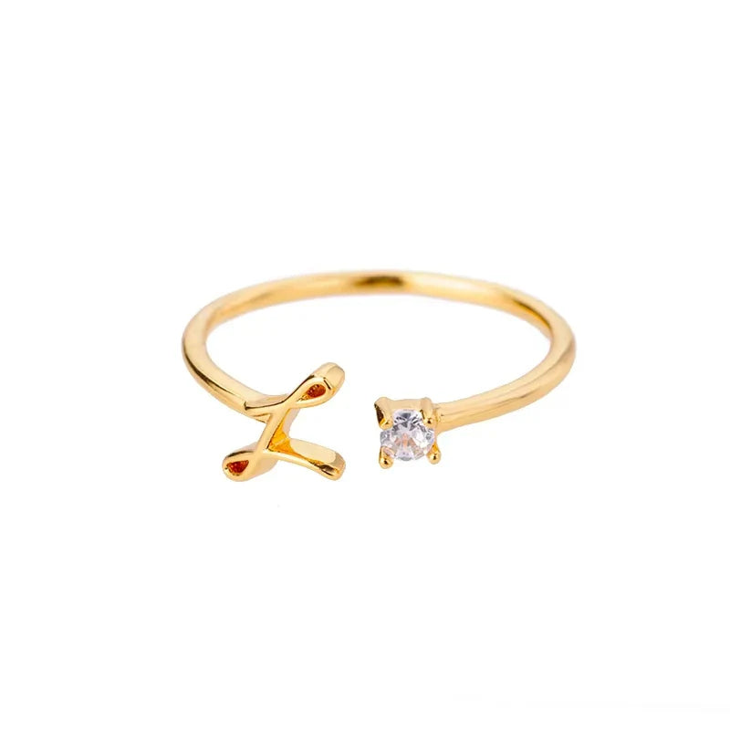 A-Z Initial Letter Open Rings for Women Stainless Steel Gold Color Zircon Adjustable Ring Trendy Couple Wedding Jewelry Gift Vera Lux