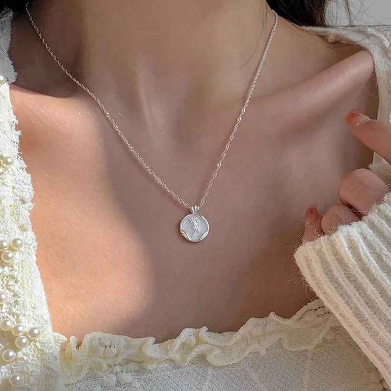 VENTFILLE 925 Silver Circular Geometry Rose Necklace Dropwise Glaze Korean Gentle Jewelry Birthday Gift Wholesale Vera Lux