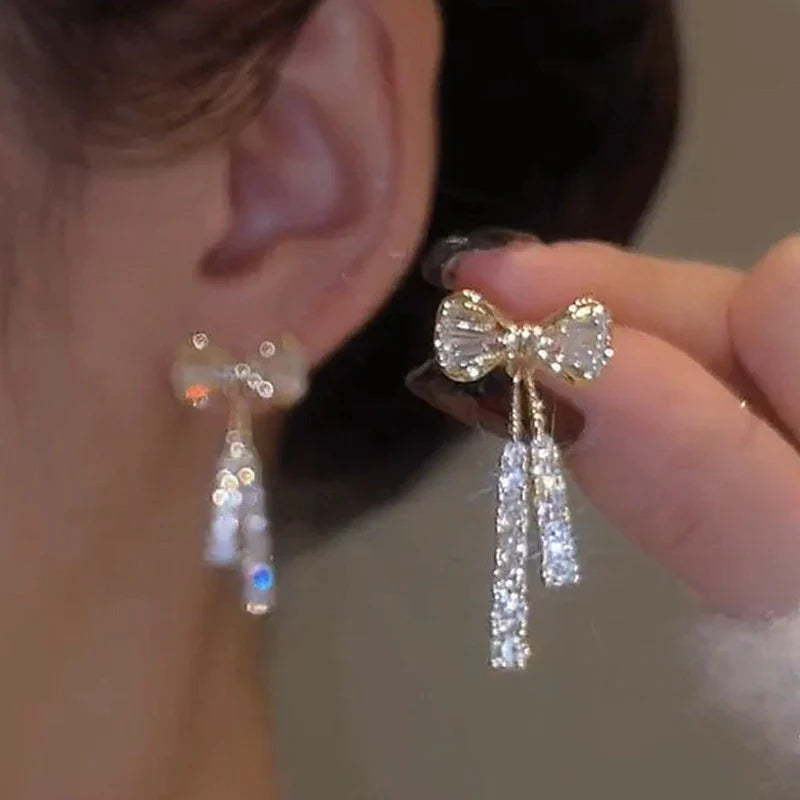 Gold Color Shiny Bow Stud Earrings For Women Fashion Exquisite Dainty Rhinestone Bow Dangle Earrings Jewelry Friends Gift Vera Lux