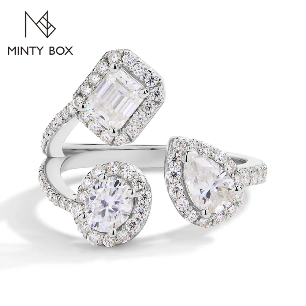 MINTYBOX Three Stone Lab Diamond Ring S925 Sterling Silver Moissanite Rings For Women 18K Gold Plated Engagement Party Gift Vera Lux