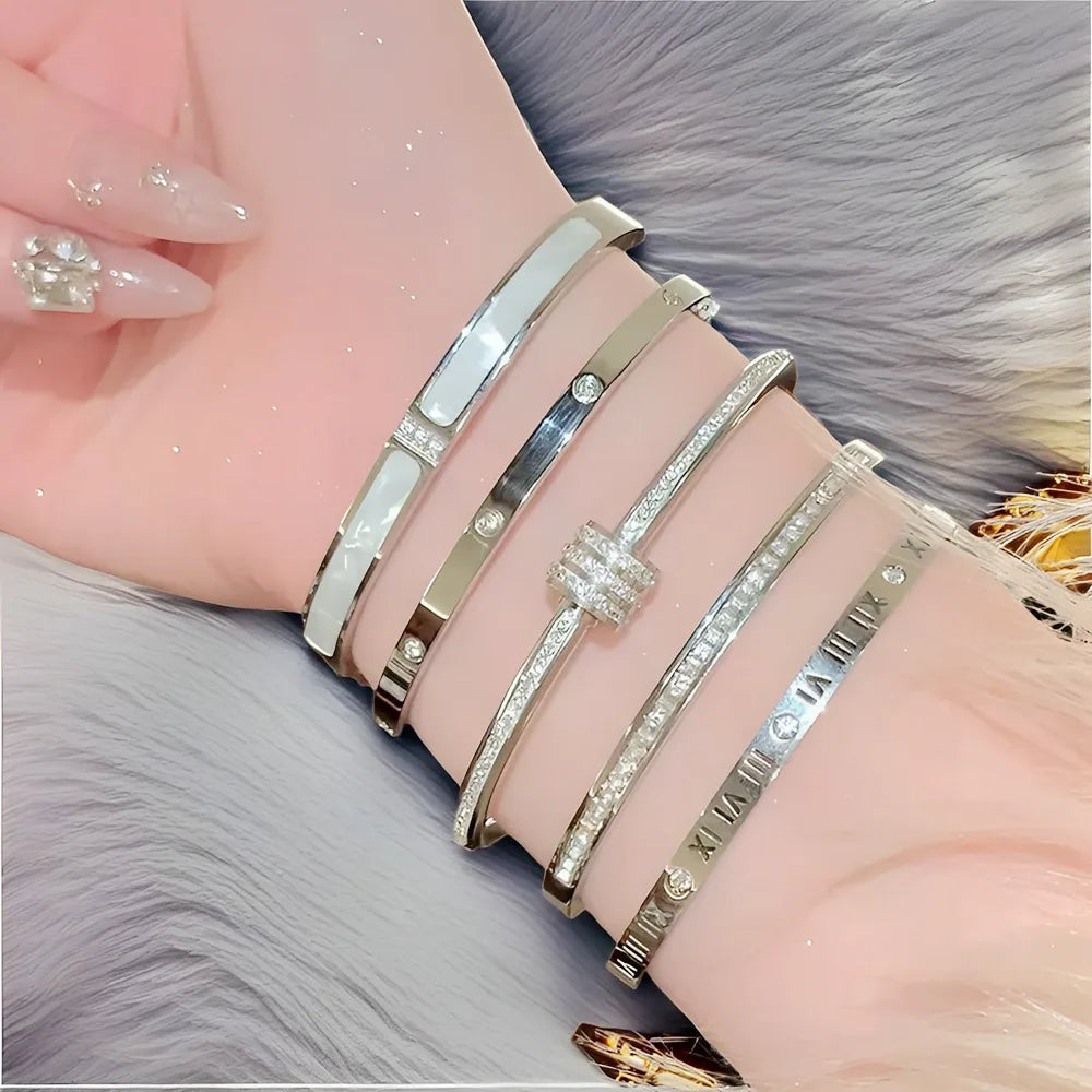 Yupsk 5Pcs/set Silver Color Stainless Steel Bracelet Shiny Zircon Inlaid Stackable Bangles Female Jewelry Gift Vera Lux