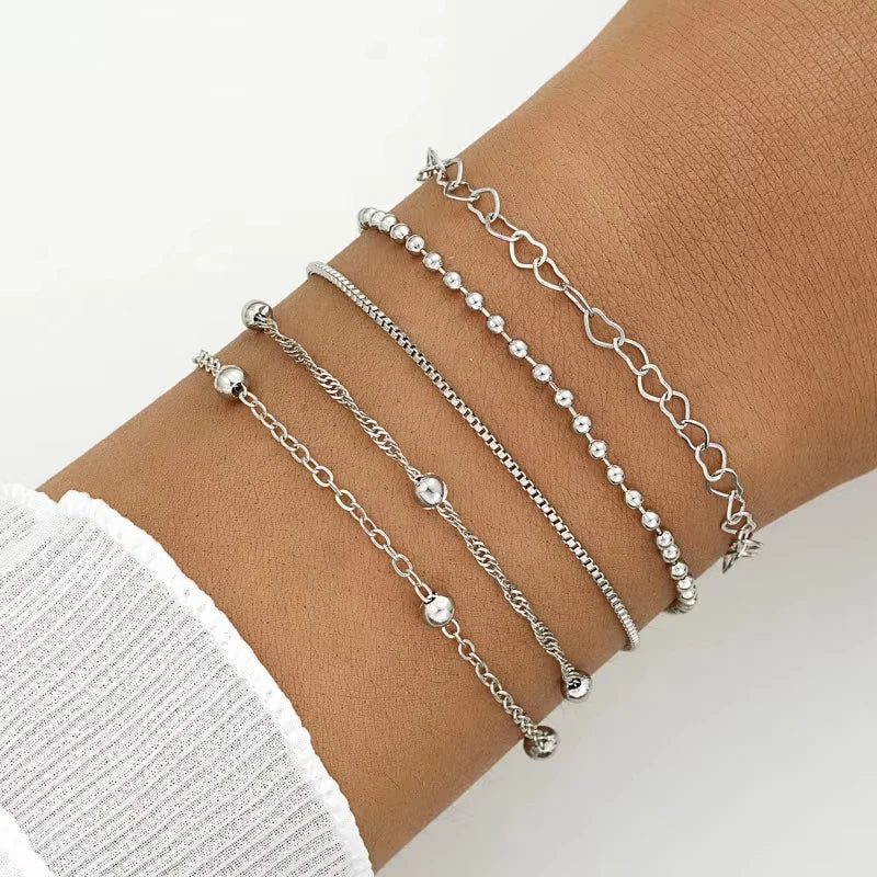 5 Pcs Set Silver Color Chain Bead Bracelets for Women Simple Elegant Vacation Beach Party Casual Jewelry Versatile Daily Wear Vera Lux