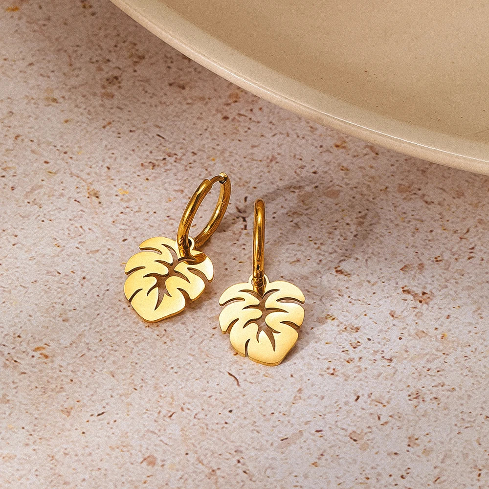 Stainless Steel Earrings Bohemian Tropical Plant Leaves Pendants Retro Glossy Aesthetic Hoop Earrings For Women Jewelry Girl New Vera Lux