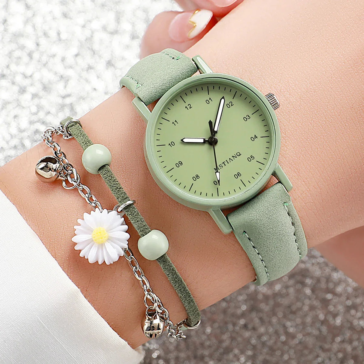 2PCS/Set Fashion Women Watches Bracelet Set Simple Arabic Dial Leather Strap Quartz Watches Reloj Mujer Girls Clock Gift Vera Lux