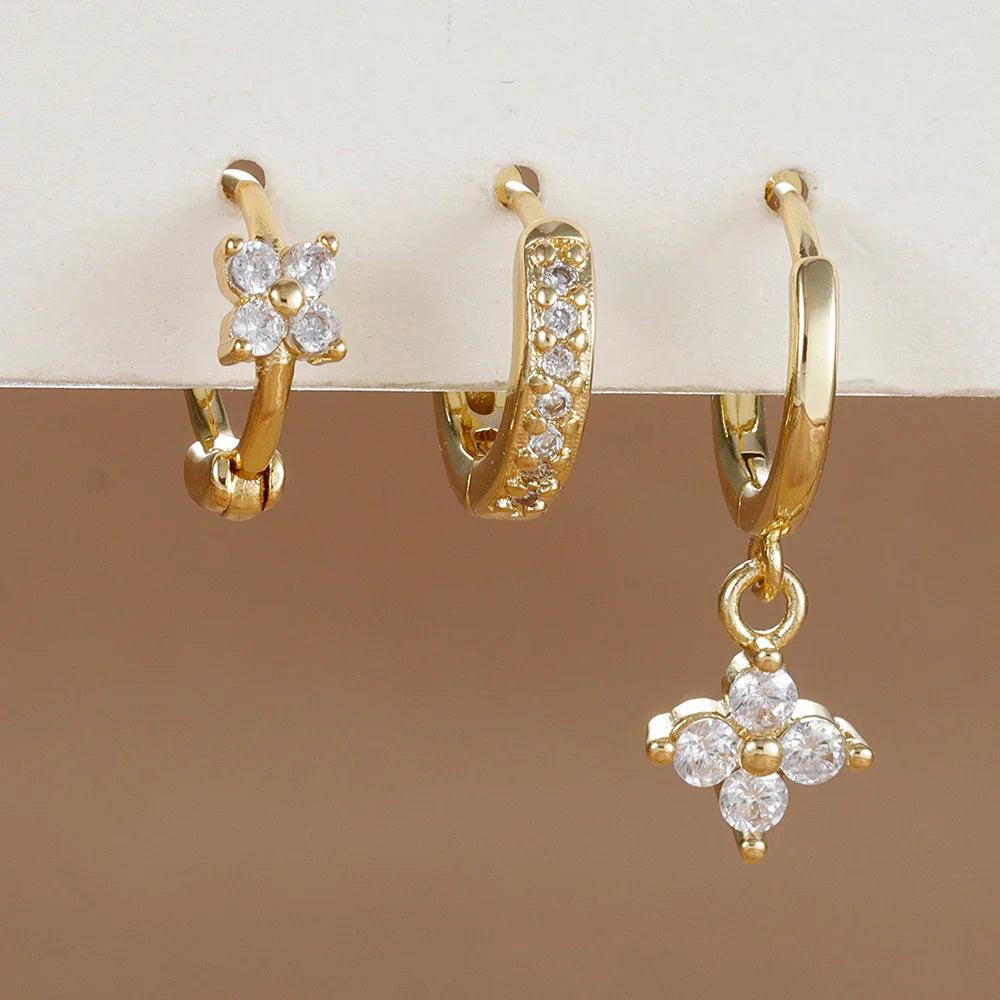 3PCS Trendy Stainless Steel Flower Drop Earring Set For Women Crystal Zirconia Dangle Earring Hypoallerg Piercing Jewelry aretes Vera Lux