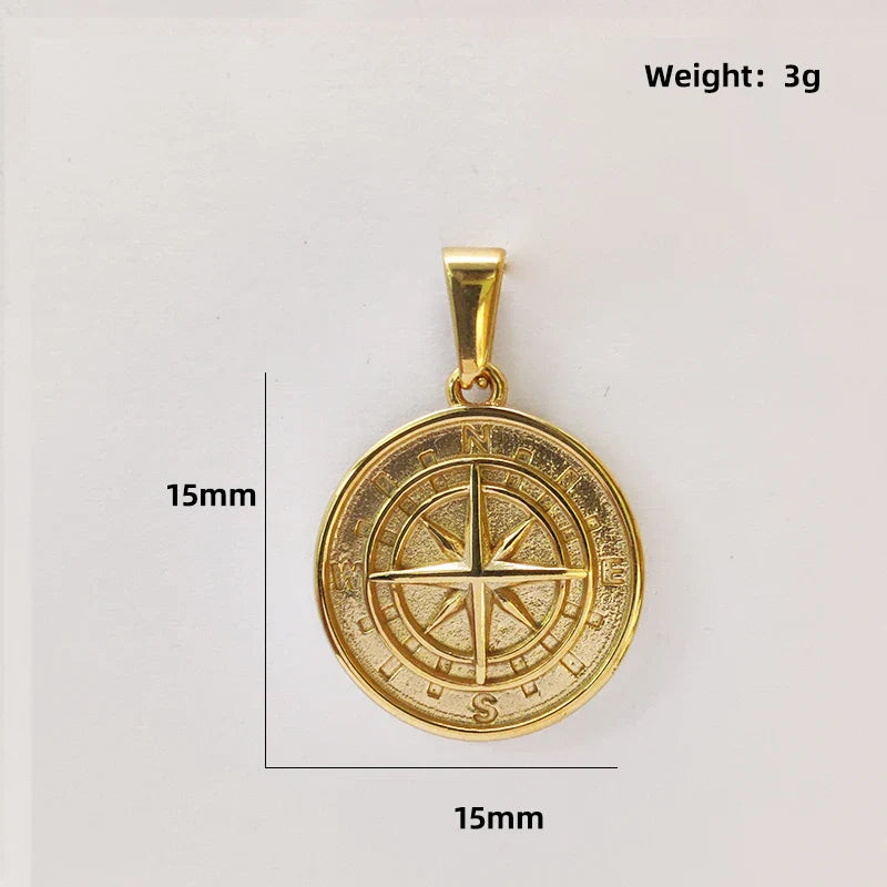 18K Gold Plated Stainless Steel Compass Pendant Necklace - Round Coin Design for Men & Women, Waterproof Unisex Jewelry Gift Vera Lux