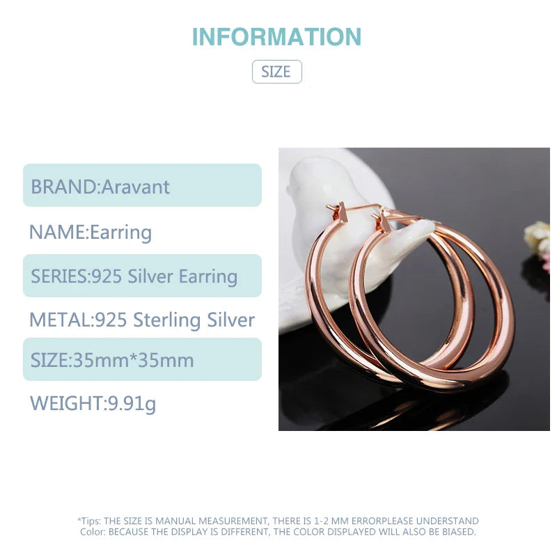 Aravant 925 Silver 35mm Rose Gold Hoop Earrings For Women Girls Fashion Jewelry Vera Lux