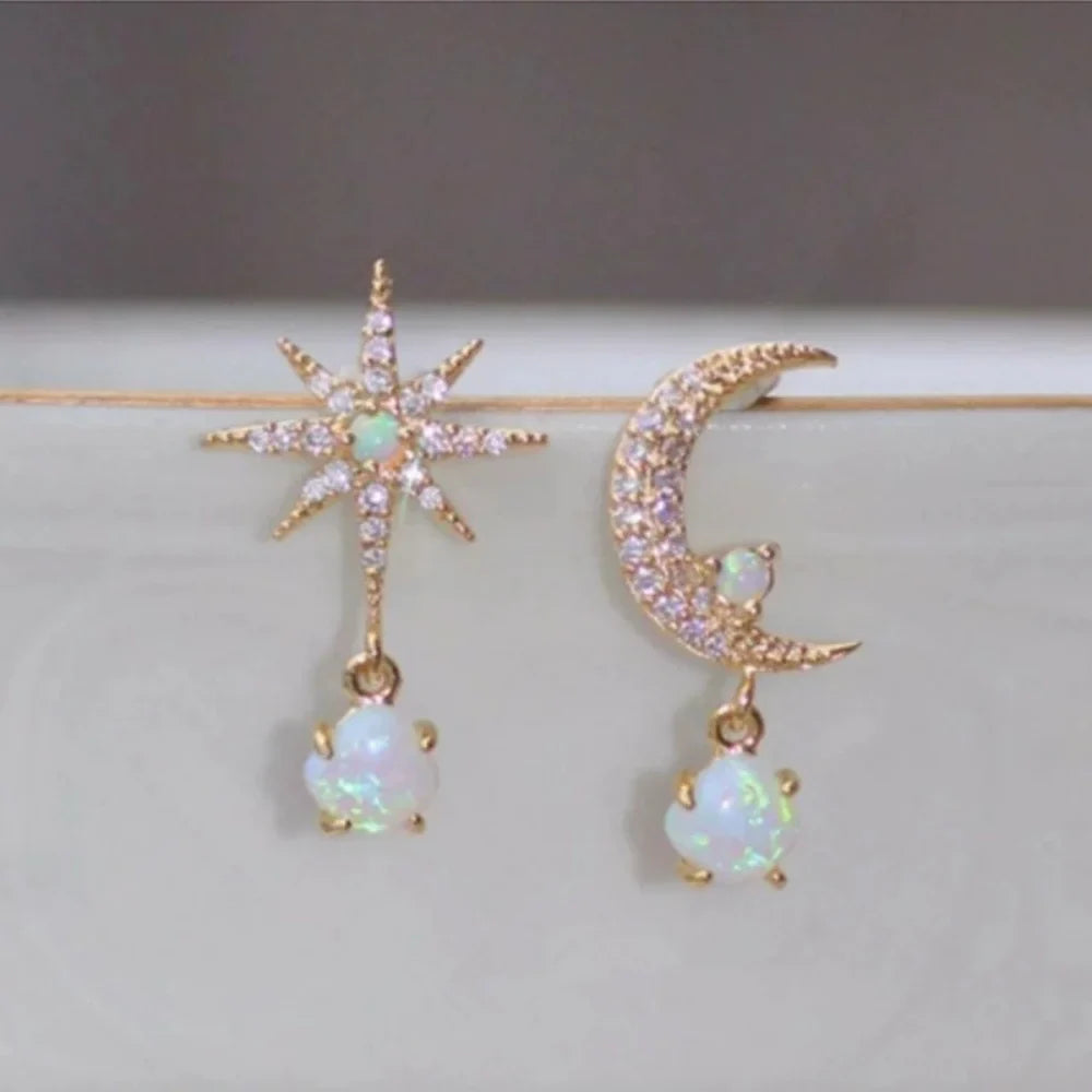 Golden Asymmetrical Zircon Moon Star Earrings for Women Retro Personalized Fashionable Versatile Accessory Gift Vera Lux