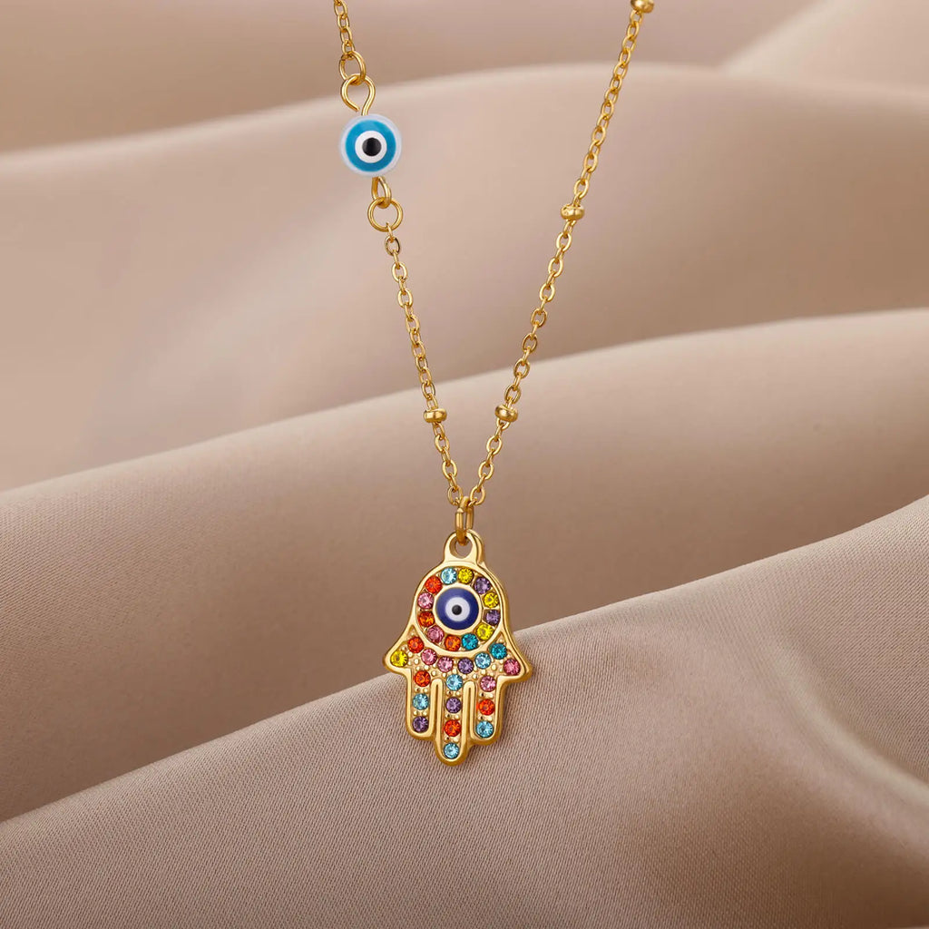Turkish Hamsa Evil Eye Necklaces For Women Stainless Steel Gold Color Charm Choker Neckalce Christmas Jewelry Accessories Gift Vera Lux