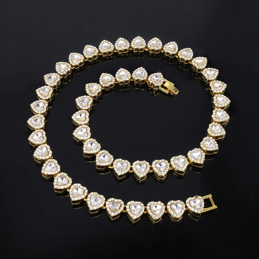 Yupsk 45CM/20CM Shiny Heart Rhinestone Hip Hop Rock Tennis Chain Bracelet Necklace for Women Men Trendy Jewelry Set Gift Vera Lux