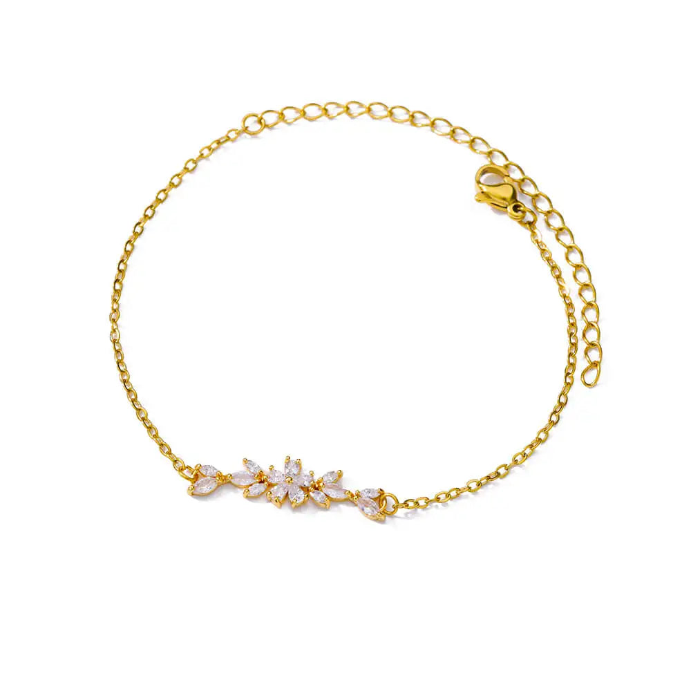 Elegant Zircon Flowers Bracelet For Women Girls Charm Gold Color Stainless Steel Plant Bracelets Luxury Designer Jewelry Gifts Vera Lux