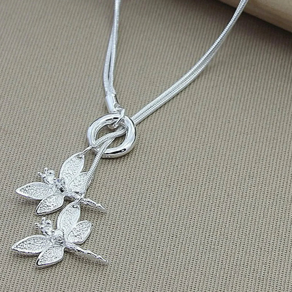 925 Sterling Silver Two Dragonfly Pendant Necklace For Women Snake Chain Necklace Wedding Engagement Jewelry Vera Lux