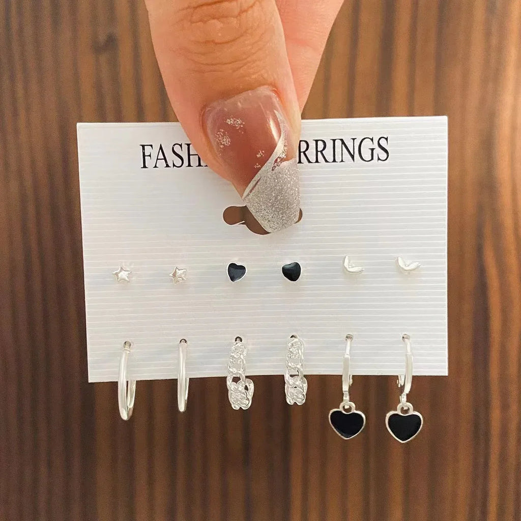 6 Pairs Korean Fashion Metal Start Heart Circle Small Earrings For Women Trend Black Heart Enamel Earrings Sweet Jewelry Vera Lux