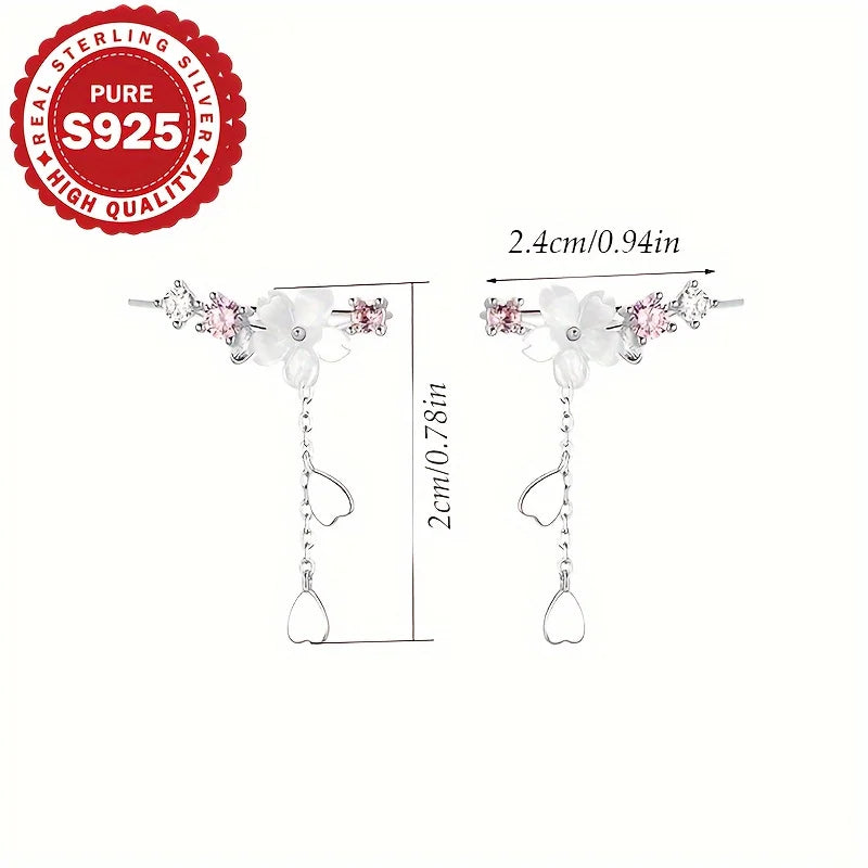 S925 Sterling Silver Sakura Tassel Earrings Cute Elegant Korean Style Versatile Classic Pendant Earring Allergy Free Vera Lux