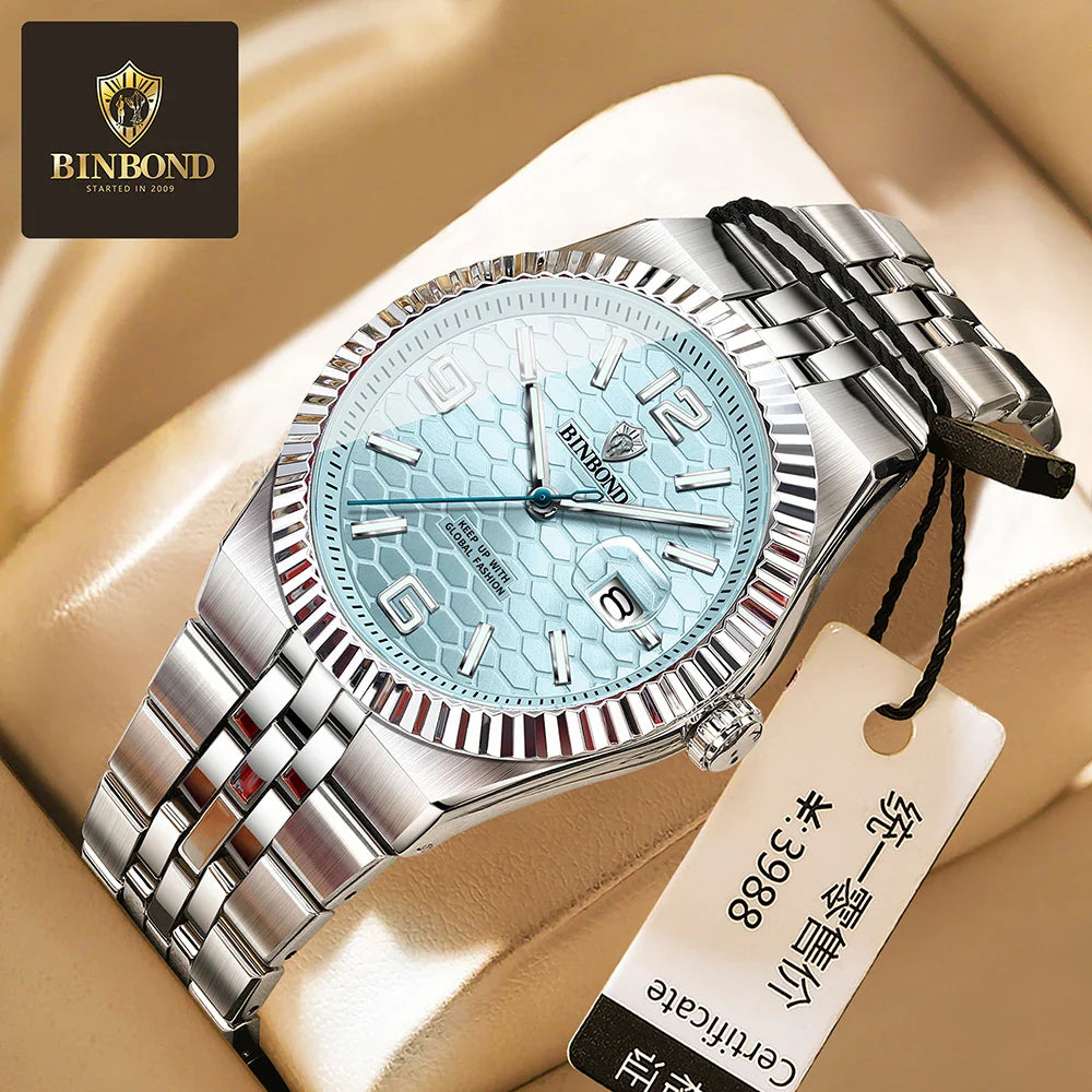 BINBOND High Quality Original Men Clock Waterproof Luminous Date Luxury Man Watch Stainless Steel Quartz Men's Watches Male Vera Lux