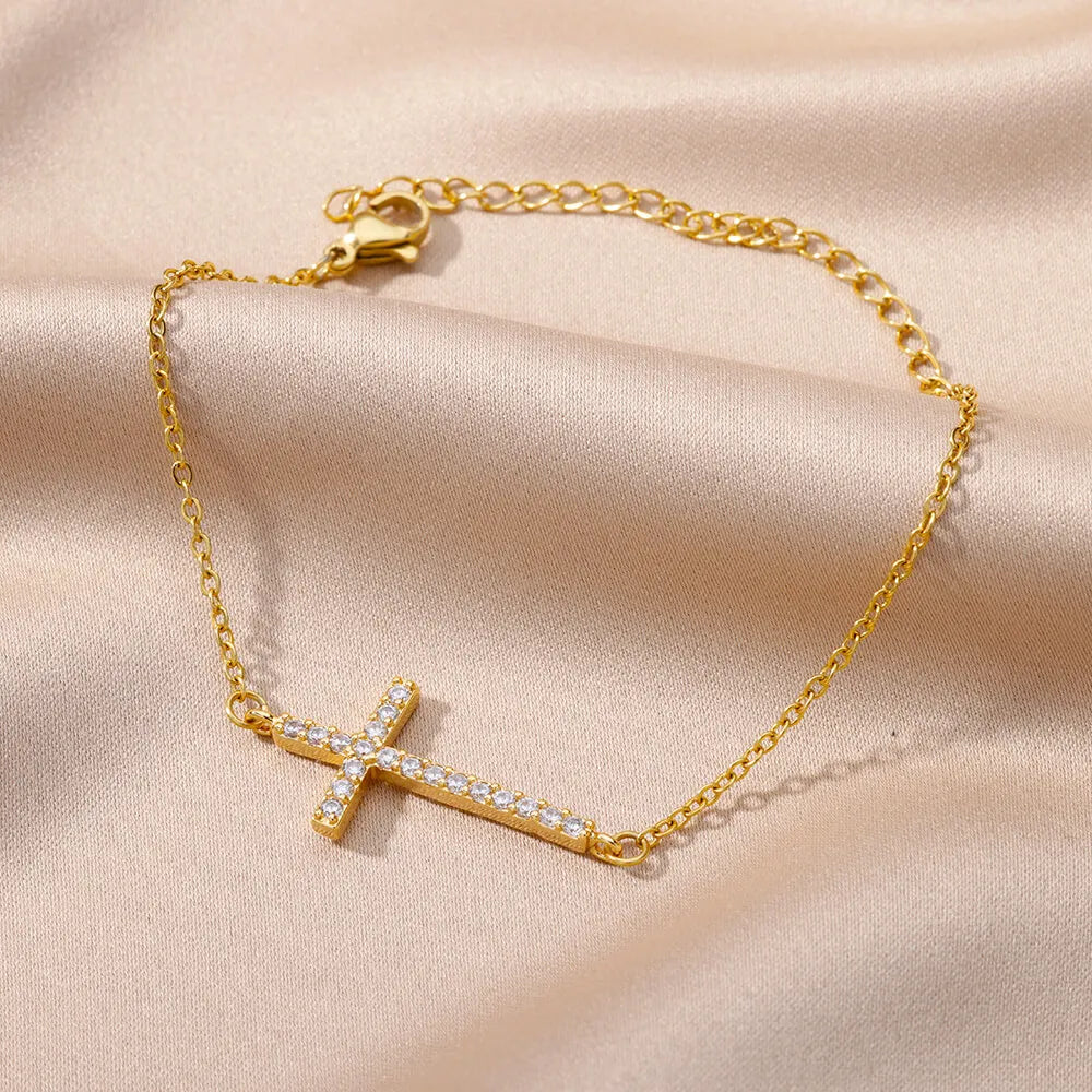 Crystal Cross Bracelets For Women Fashion Gold Plated Stainless Steel Cross Bracelet Vintage Religion Aesthetic Jewelry Gift Vera Lux