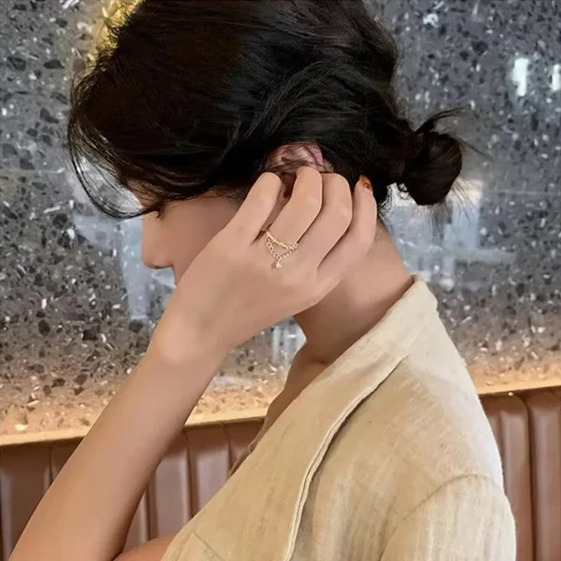 Shinny Rhinestone Gold Color Chain Star Pendant Open Rings Korean Style Woman Fashion Jewelry Wedding Party Girl's Trendy Ring Vera Lux