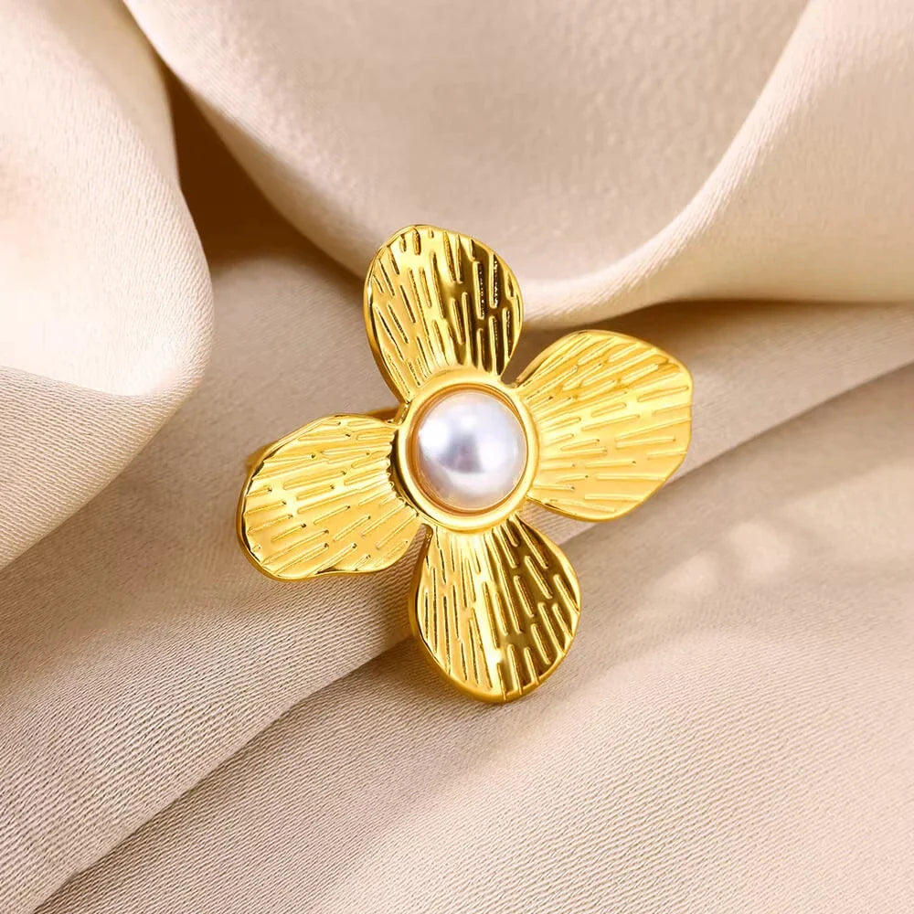 Stainless Steel Flower Big Open Rings For Women Gold Color Imitation Pearl Hollow Out Ring Trendy Aesthetic Jewerly Gifts Vera Lux