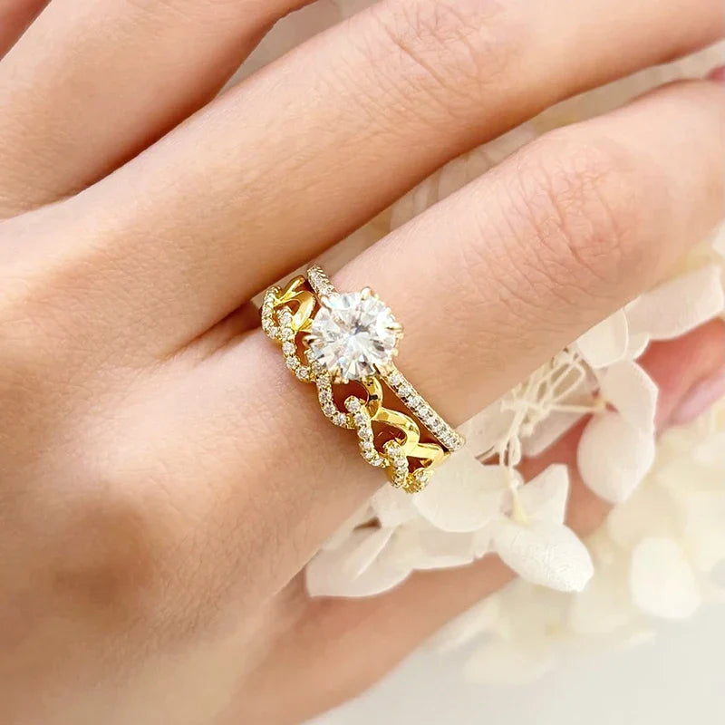 MINTYBOX 18K Yellow Gold D Moissanite Rings for Women Handmade 6.5mm S925 Silver Round Shape Engagement Ring Gift Fine Jewelry Vera Lux