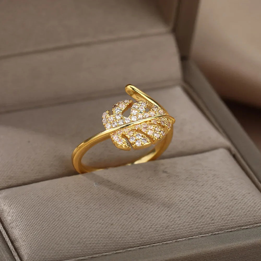 Fashion Palm Leaf Shape Open Rings For Women Gold Color Zircon Adjustable Finger Ring Girls Korean Party Jewelry Gift Vera Lux