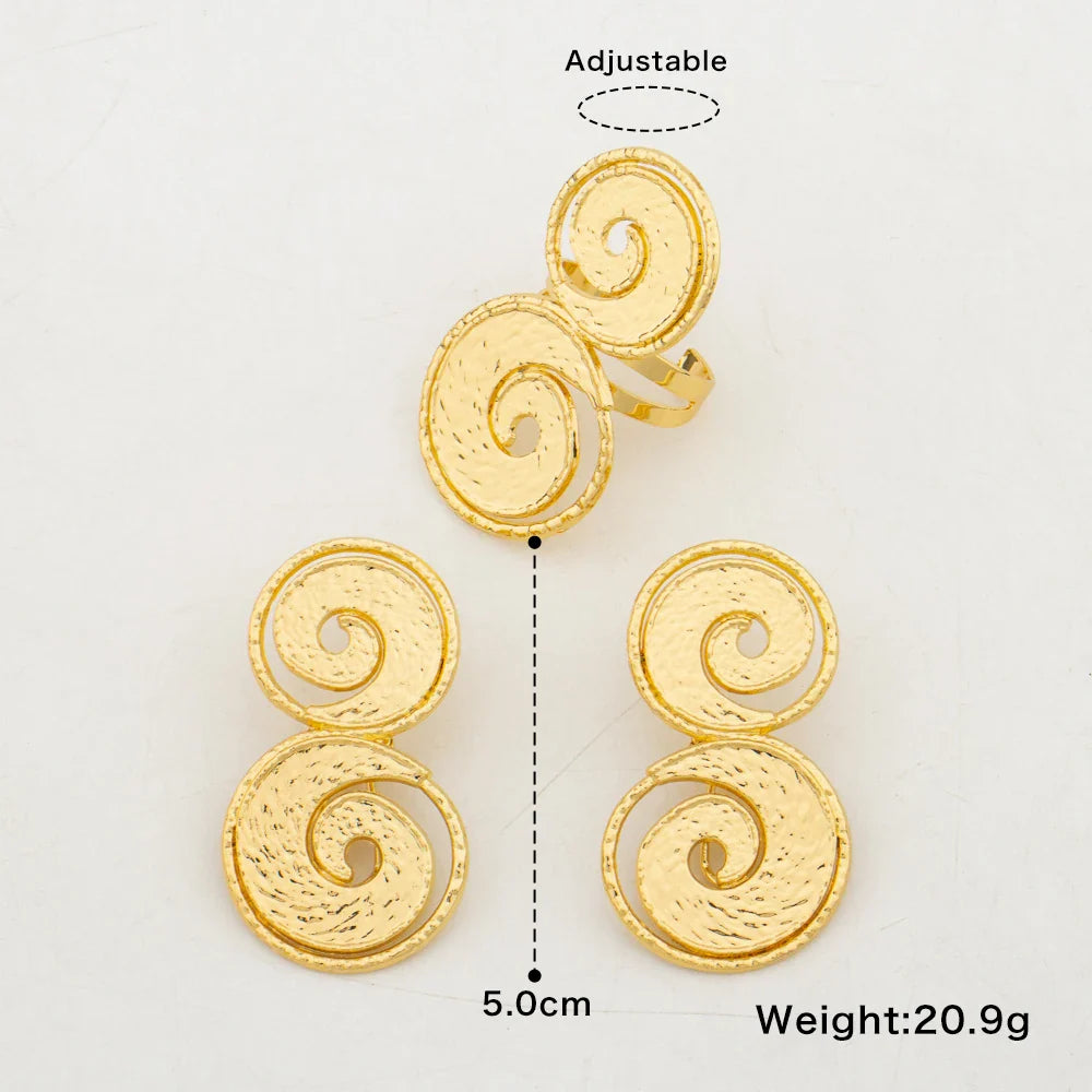 Dubai Gold Color Earrings and Ring Set for Ladies Weddings Hollow Out Clip Earrings and Finger Ring Set for Nigerian Daily Wear Vera Lux