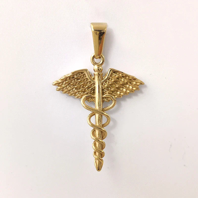 18K Gold Plated Stainless Steel Angel Wing Serpent Necklace - Greek Caduceus Pendant, Doctor/Nurse Charm Jewelry Vera Lux