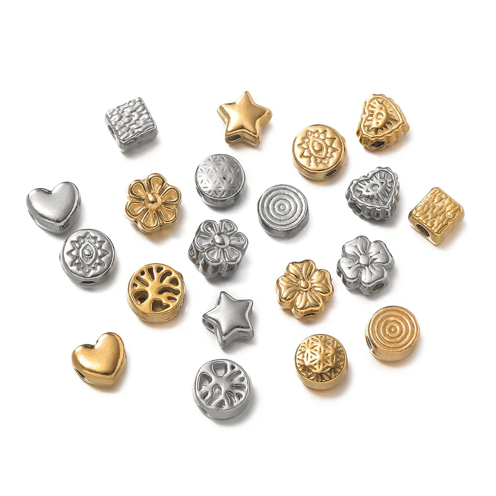 10Pcs/Pack Stainless Steel Various Shape Gold Steel Color Texture Spacer Beads for DIY Bracelet Jewelry Making Accessories Vera Lux