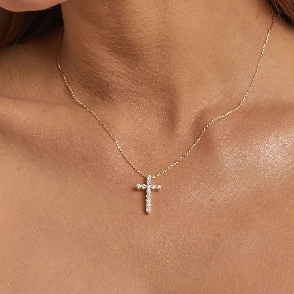 Danity Cubic Zirconia Cross Pendant Necklace for Women, Stainles Steel Chain Adjustable Vera Lux
