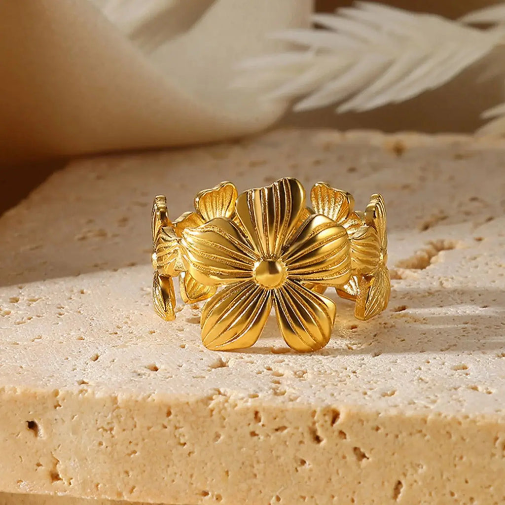 Unique Design Flower  Rings For Women Geometric Stainless Steel Flower Opening Ring Gold Color Jewelry Gift Anillos Vera Lux