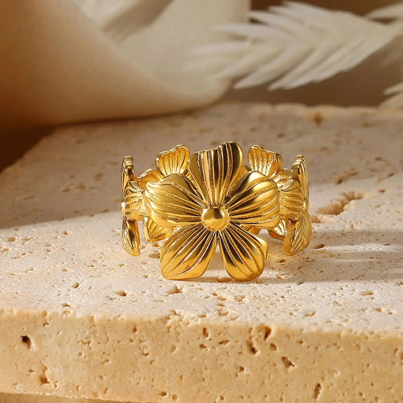 Unique Design Flower  Rings For Women Geometric Stainless Steel Flower Opening Ring Gold Color Jewelry Gift Anillos Vera Lux