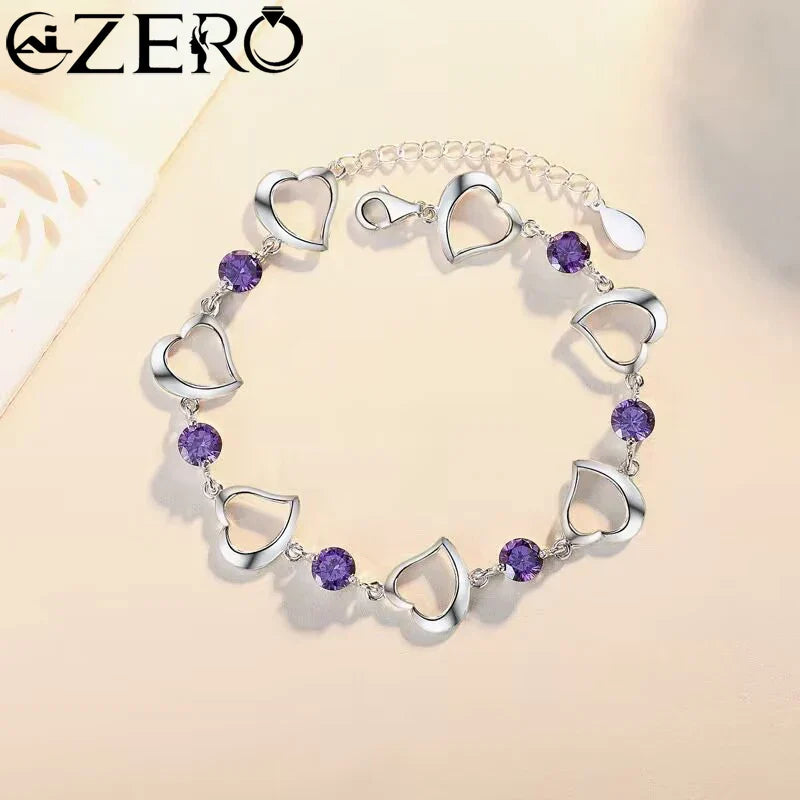 NEW Fine 925 Sterling Silver Purple Crystal Lucky Clover Bracelets for Women Fashion Party Wedding Accessories Jewelry 17CM+4CM Vera Lux