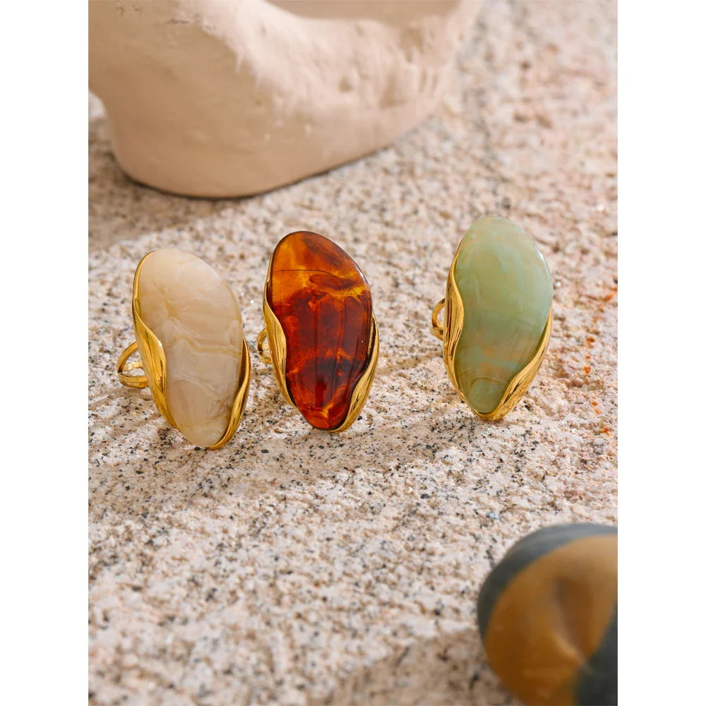 Yhpup New Design Brown Green Beige Resin Geometric Adjustable Ring Golden PVD Stainless Steel Rust Proof Finger Jewelry Gift Vera Lux