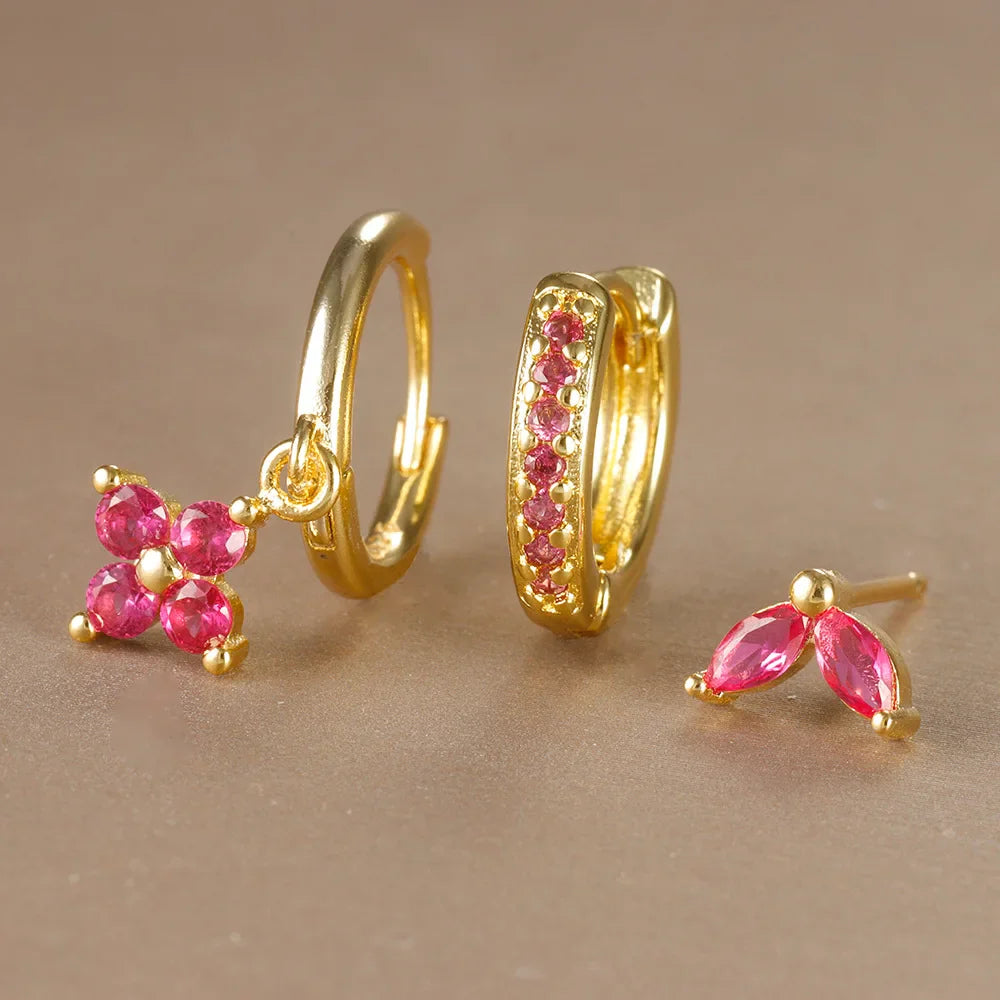 3PCS Trendy Stainless Steel Flower Drop Earring Set For Women Crystal Zirconia Dangle Earring Hypoallerg Piercing Jewelry aretes Vera Lux