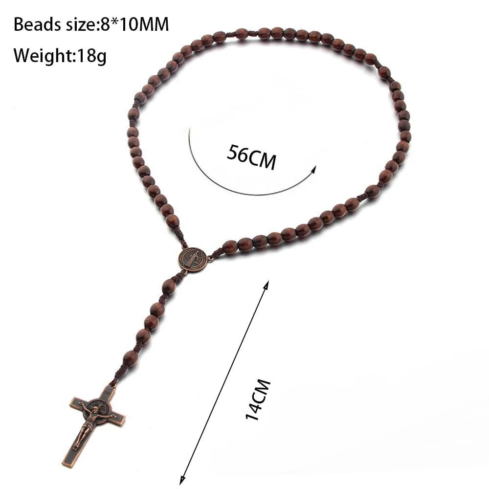 Handmade Wood Beads Rosary Necklace For Women Men Crucifix Cross Pendant Long braided Rope Chain Religious Prayer Jewelry Vera Lux